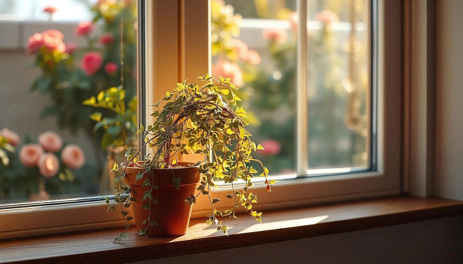 Sunlit Windowsill with Potted Plant