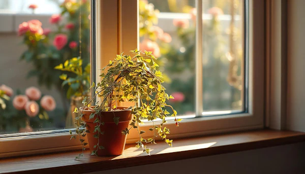 Sunlit Windowsill with Potted Plant