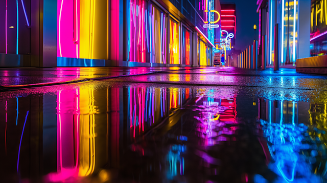 Vivid Neon Reflections in Urban Nightscape