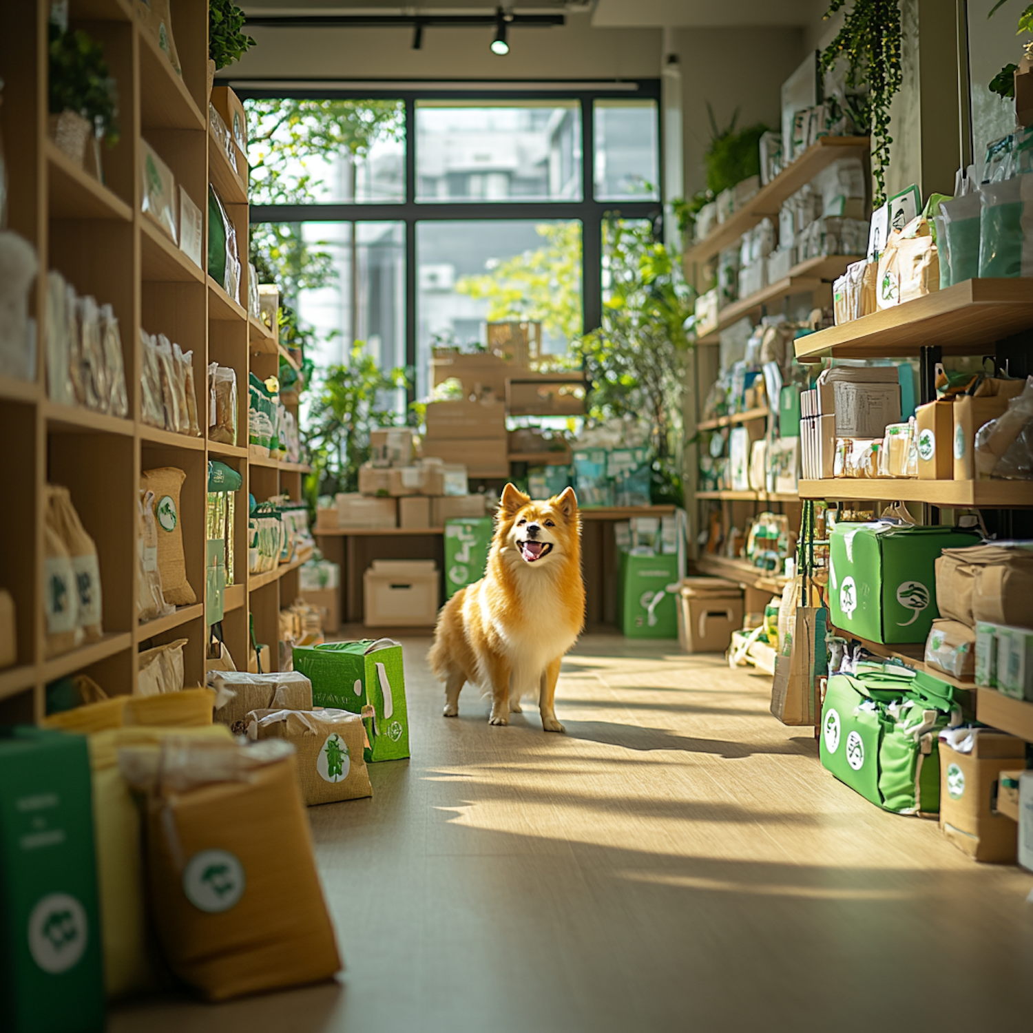 Cheerful Dog in Eco-Friendly Store