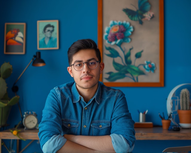 Man in Blue Denim at Desk