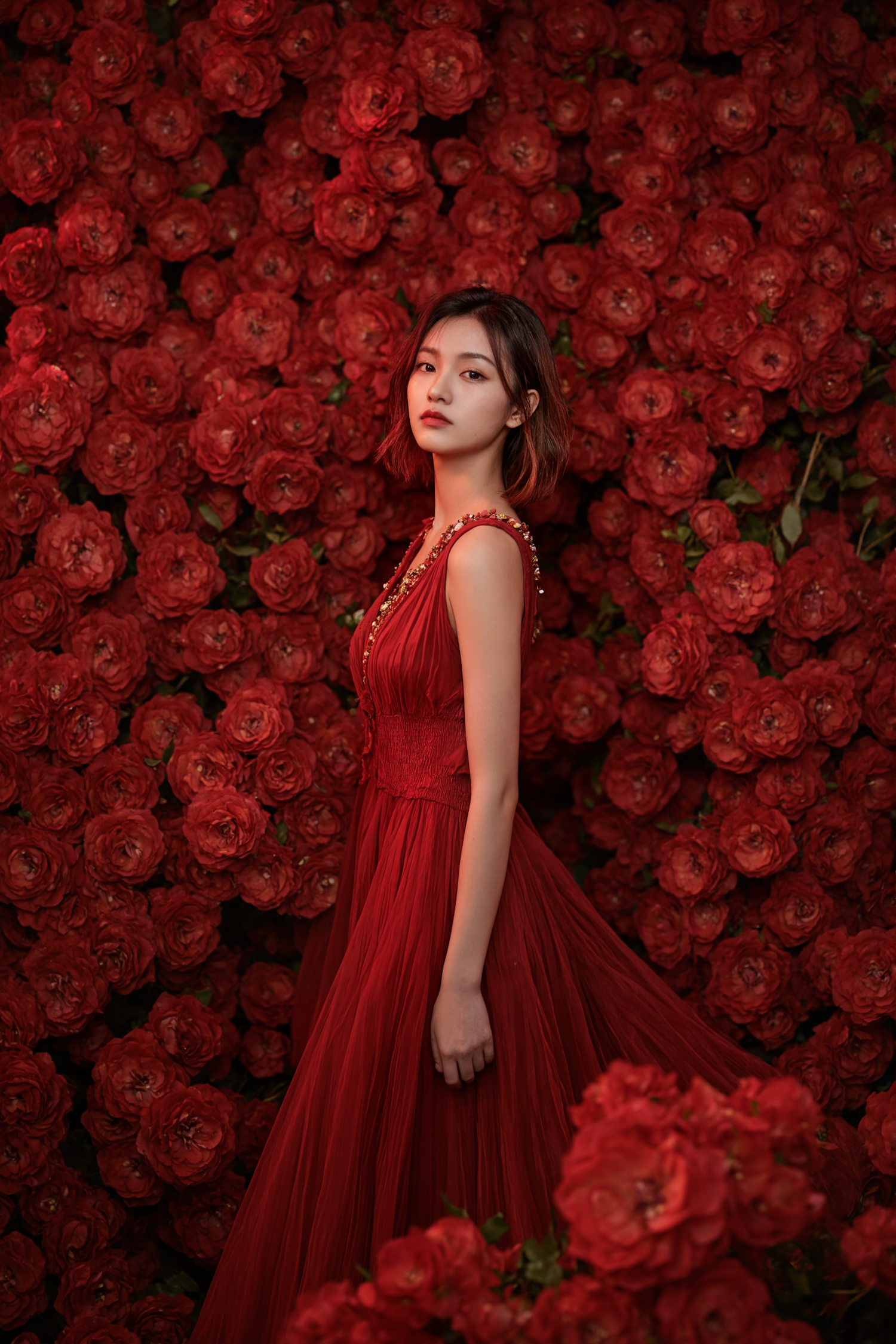 Woman in Red with Roses