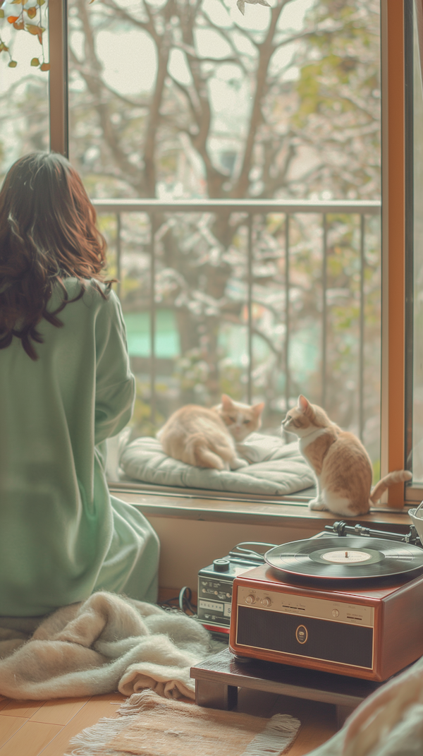 Tranquil Indoor Scene with Woman and Cats