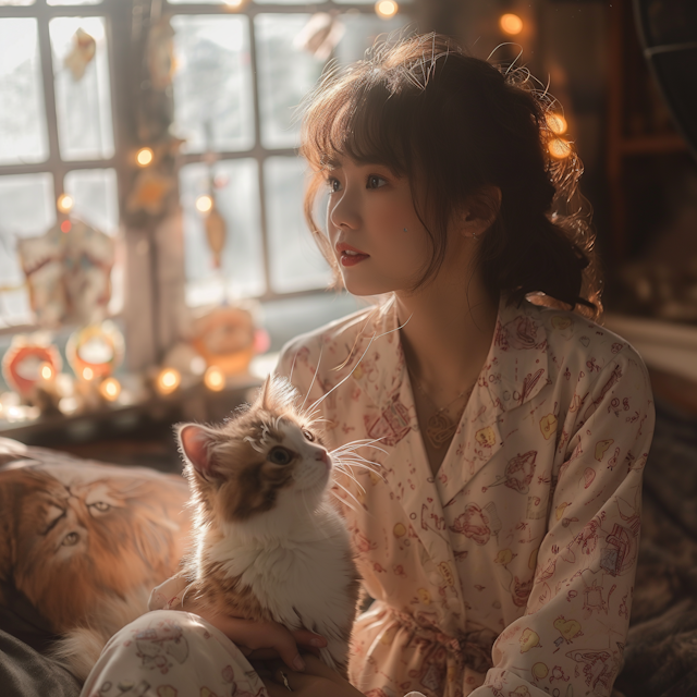 Contemplative Young Woman with Cat by Window