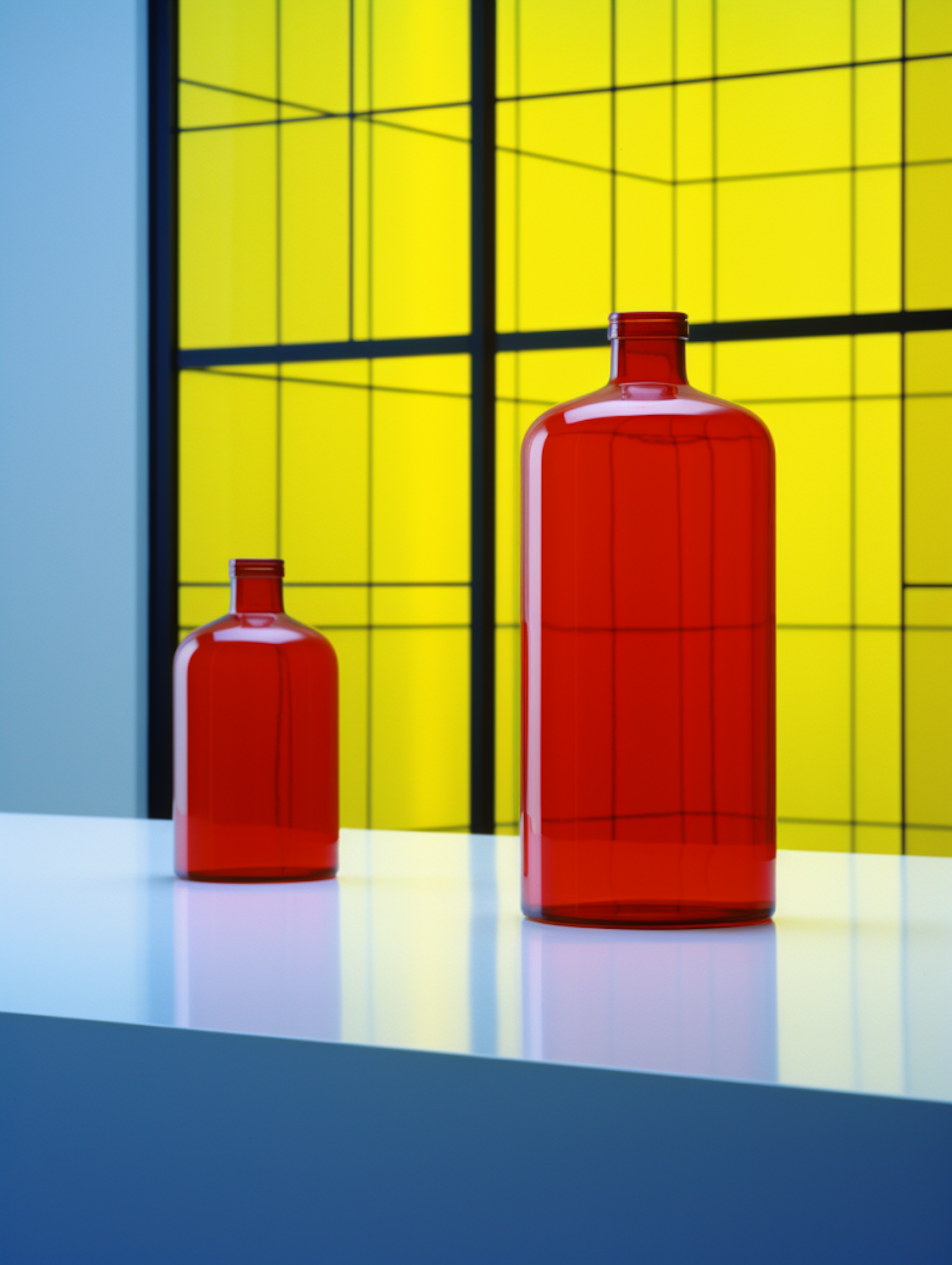 Chromatic Harmony: Red Bottles on Yellow and Blue