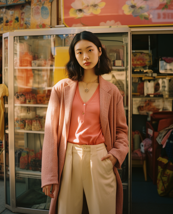 Serene East Asian Woman in Pastel Attire by a Convenience Store