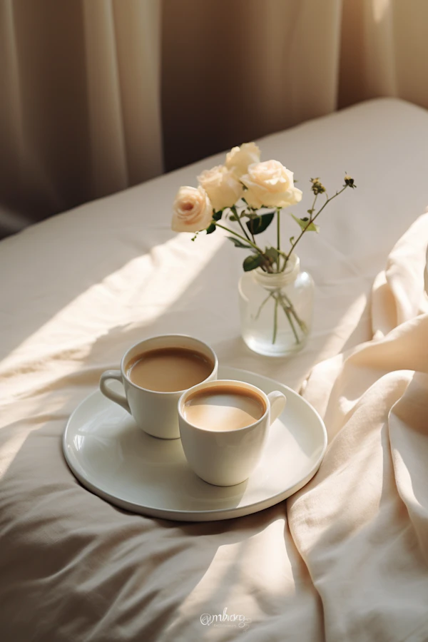 Tranquil Coffee Moment with Cream Roses