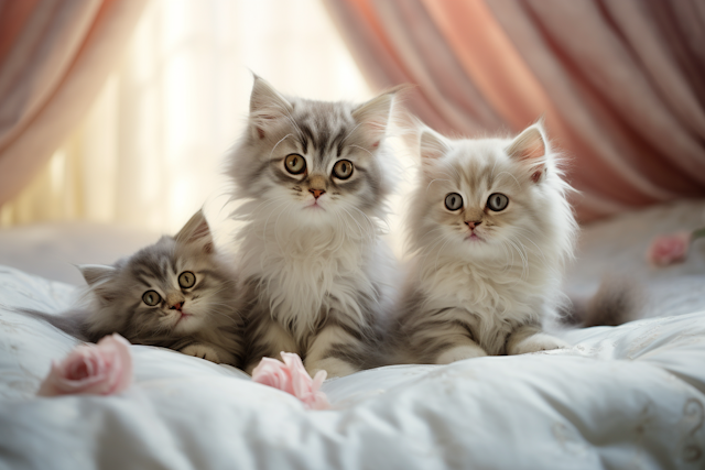 Serenity Trio: Fluffy Kittens Amidst Pink Petals