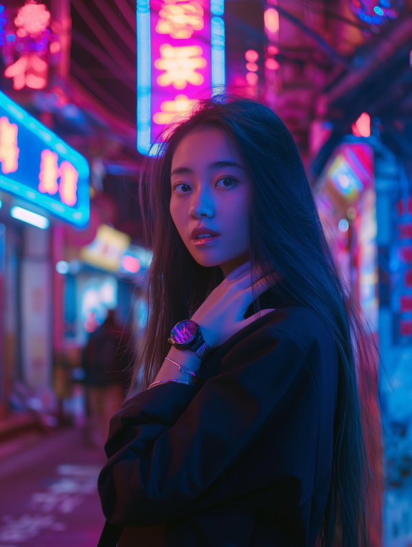 Urban Glow - Young Woman in Neon Cityscape