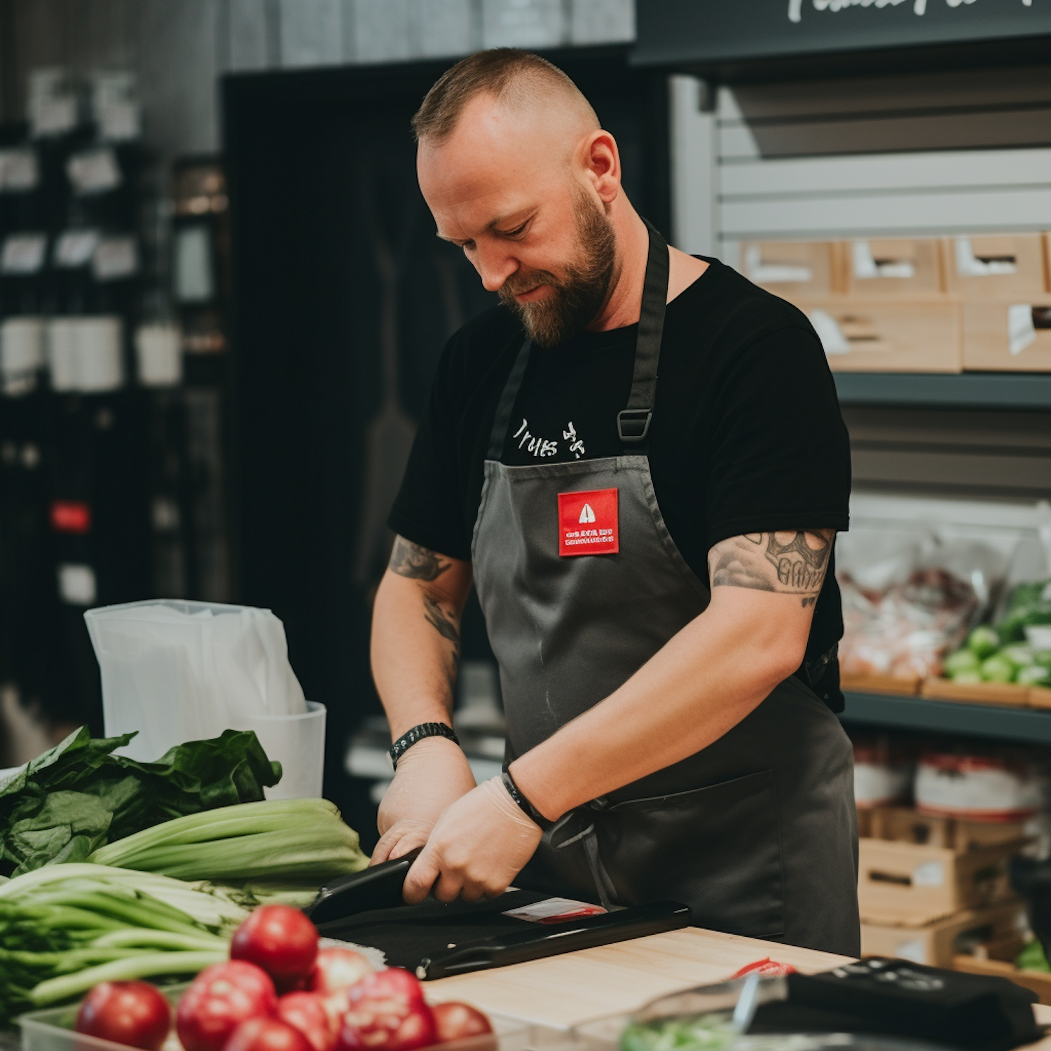 Focused Chef with Tattoos Preparing Vegetables