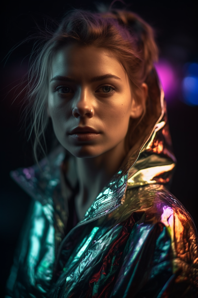 Contemplative Woman in Metallic Jacket