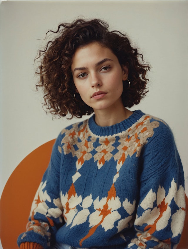 Portrait of a Young Woman in a Geometric Floral Sweater