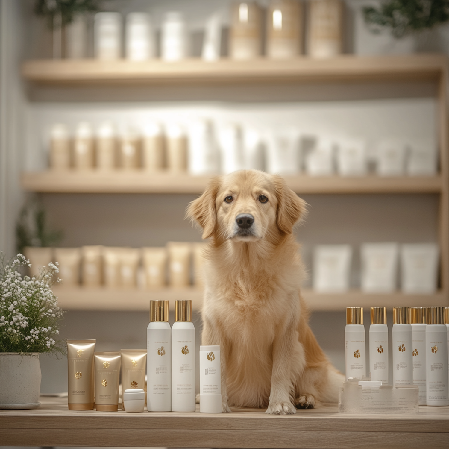 Golden Retriever with Skincare Products