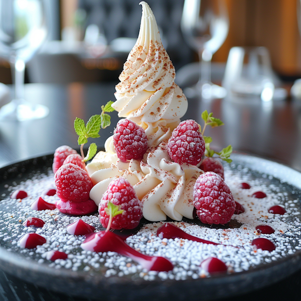 Artfully Presented Vanilla Soft Serve with Raspberries