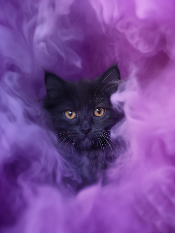 Mystical Black Cat in Purple Smoke