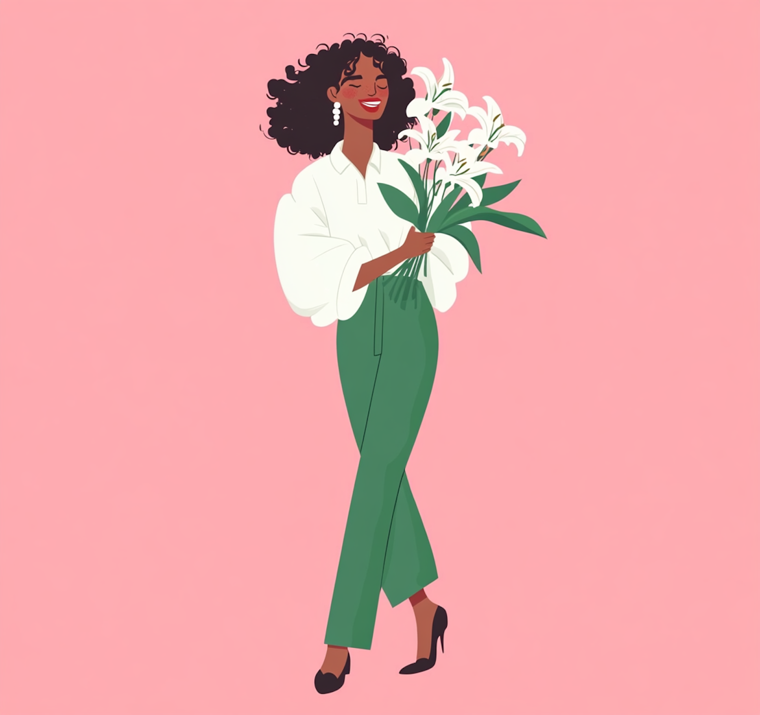 Stylized Illustration of Joyful Woman with Lilies