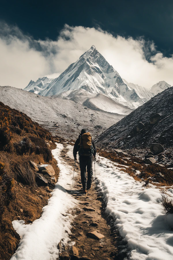 Lone Hiker in Snowy Mountains