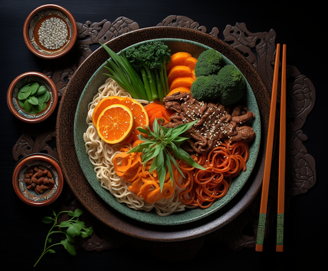 Colorful Asian Noodle Bowl with Beef and Vegetables