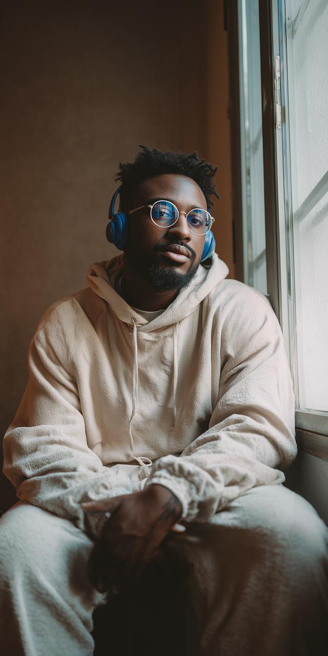 Man by Window in Hoodie