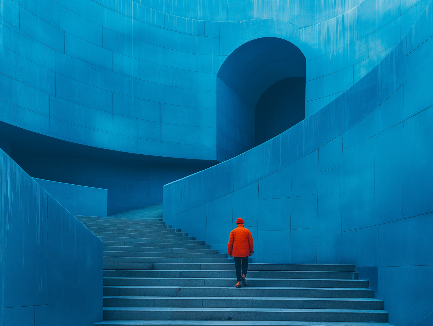 Person Climbing Blue Staircase