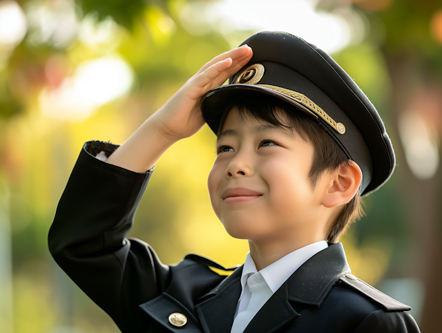 Boy in Navy Blue Uniform Saluting