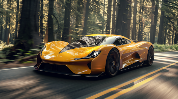 Vibrant Yellow Sports Car in Motion on Forested Road