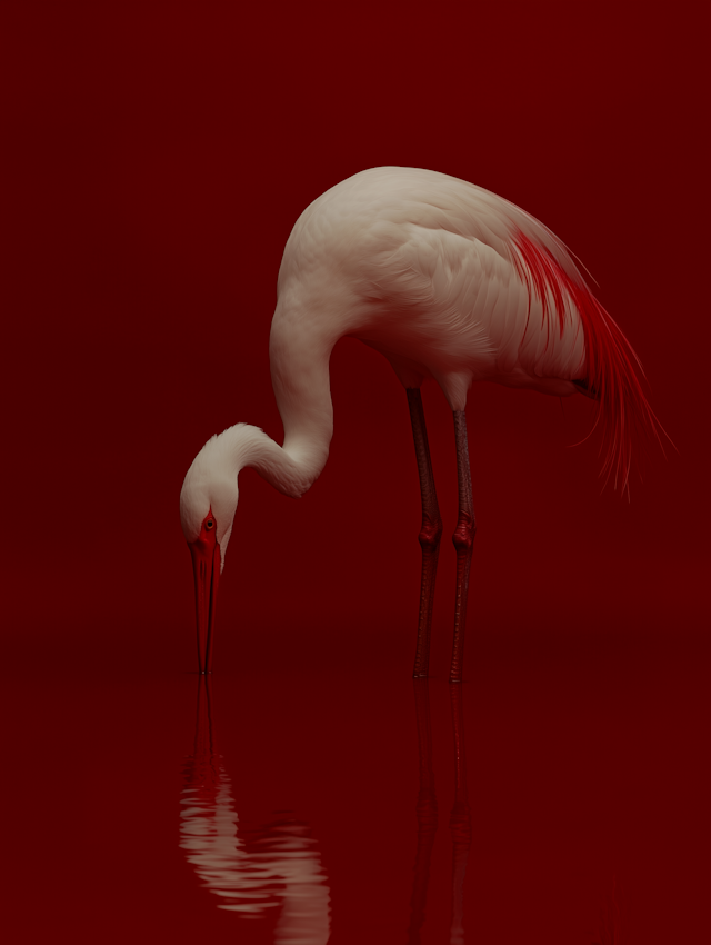 Elegant White Crane on Red Background