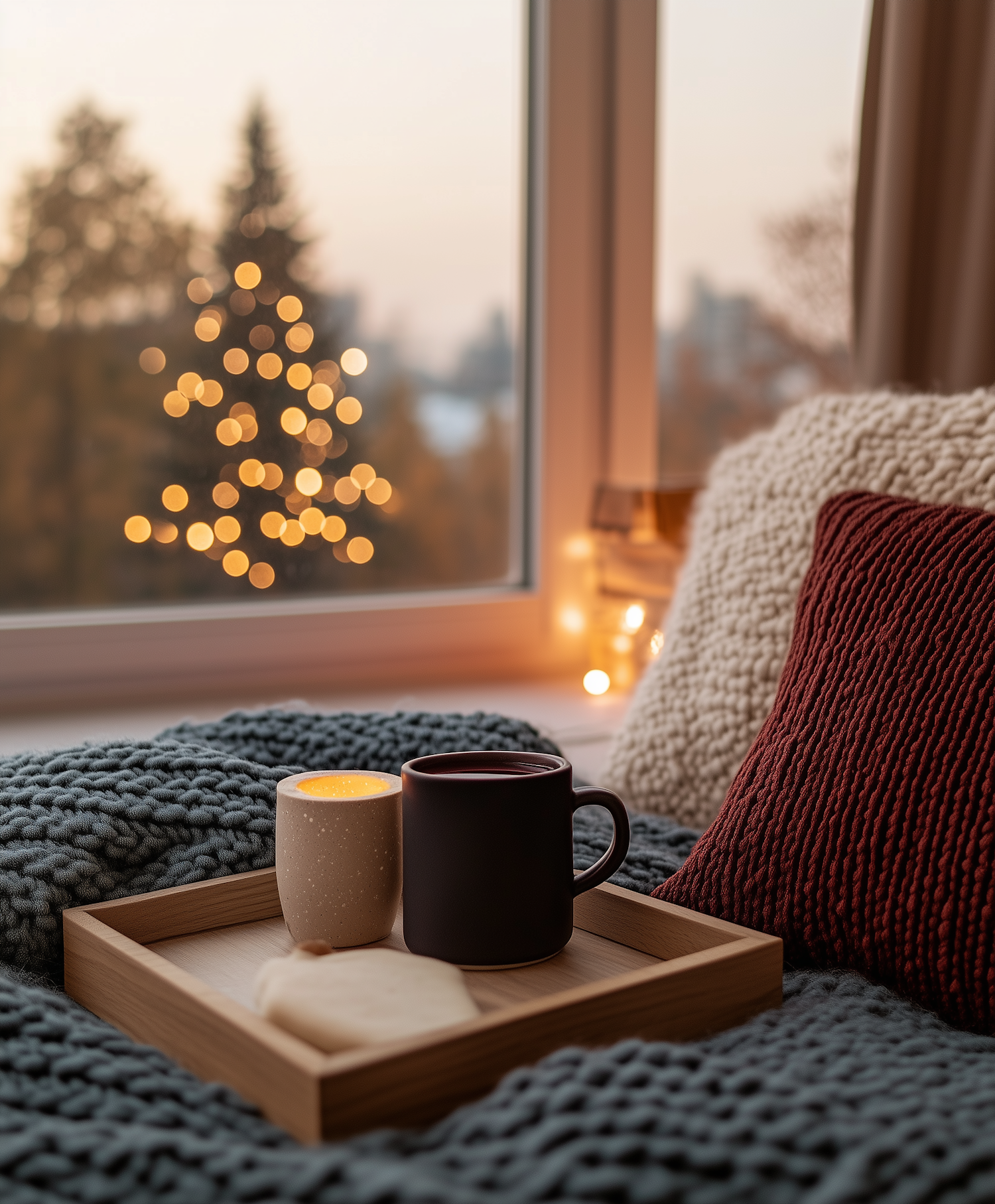 Cozy Indoor Scene with Tray and Festive Lights