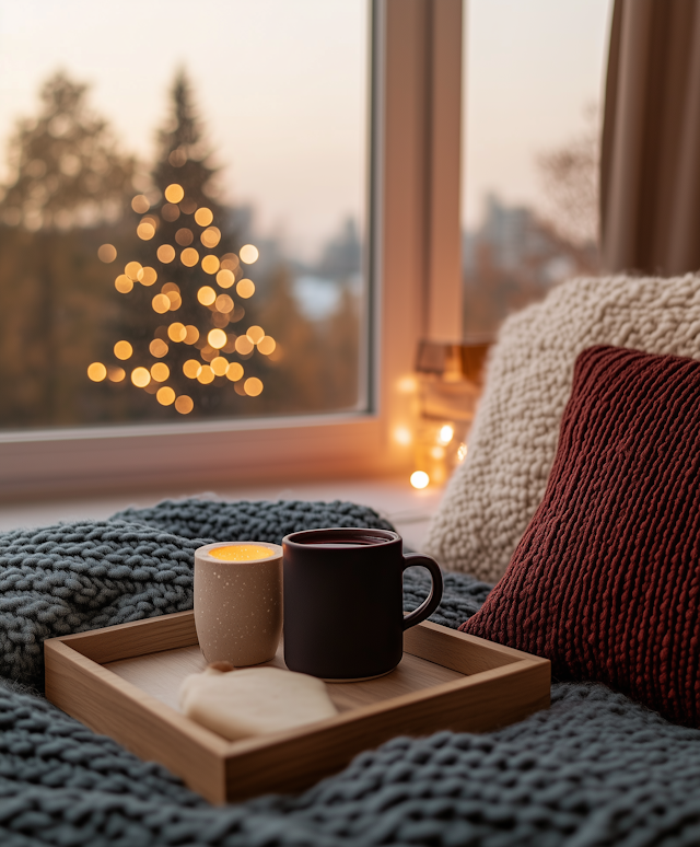 Cozy Indoor Scene with Tray and Festive Lights