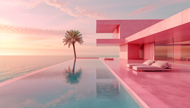 Modern Architecture with Infinity Pool at Sunset