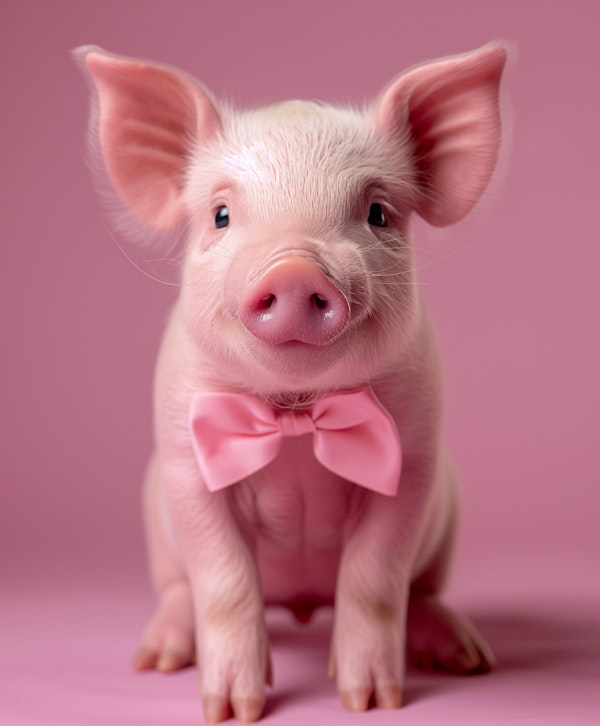 Adorable Pig with Bow Tie on Pink Background