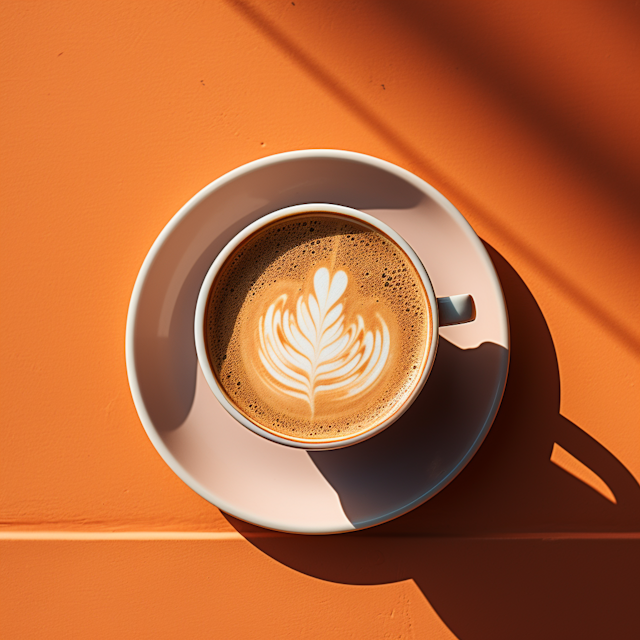 Sunlit Rosetta Latte Art on Orange Table