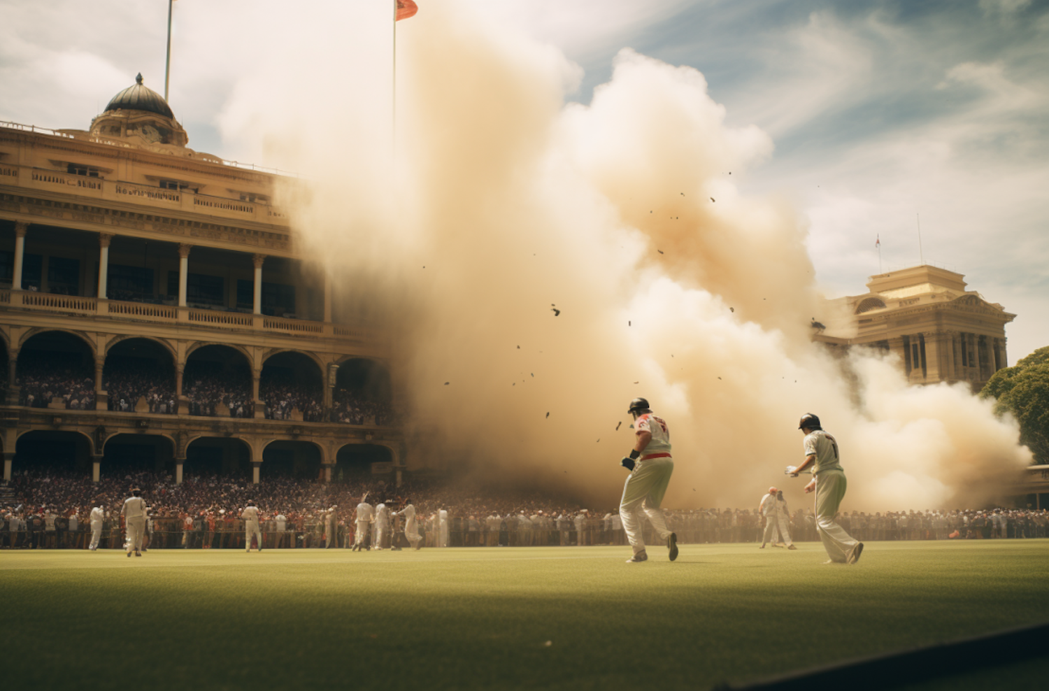 Cricket Match Amidst Dust Cloud at Historic Stadium