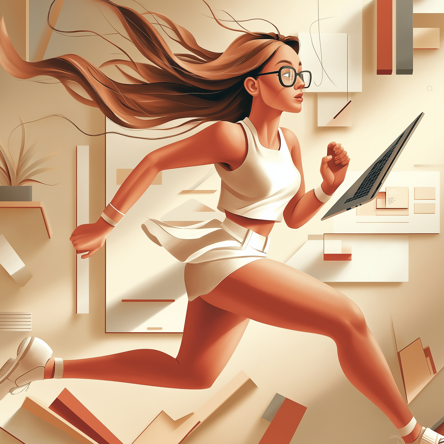 Dynamic Illustration of a Tech-Savvy Woman in Motion