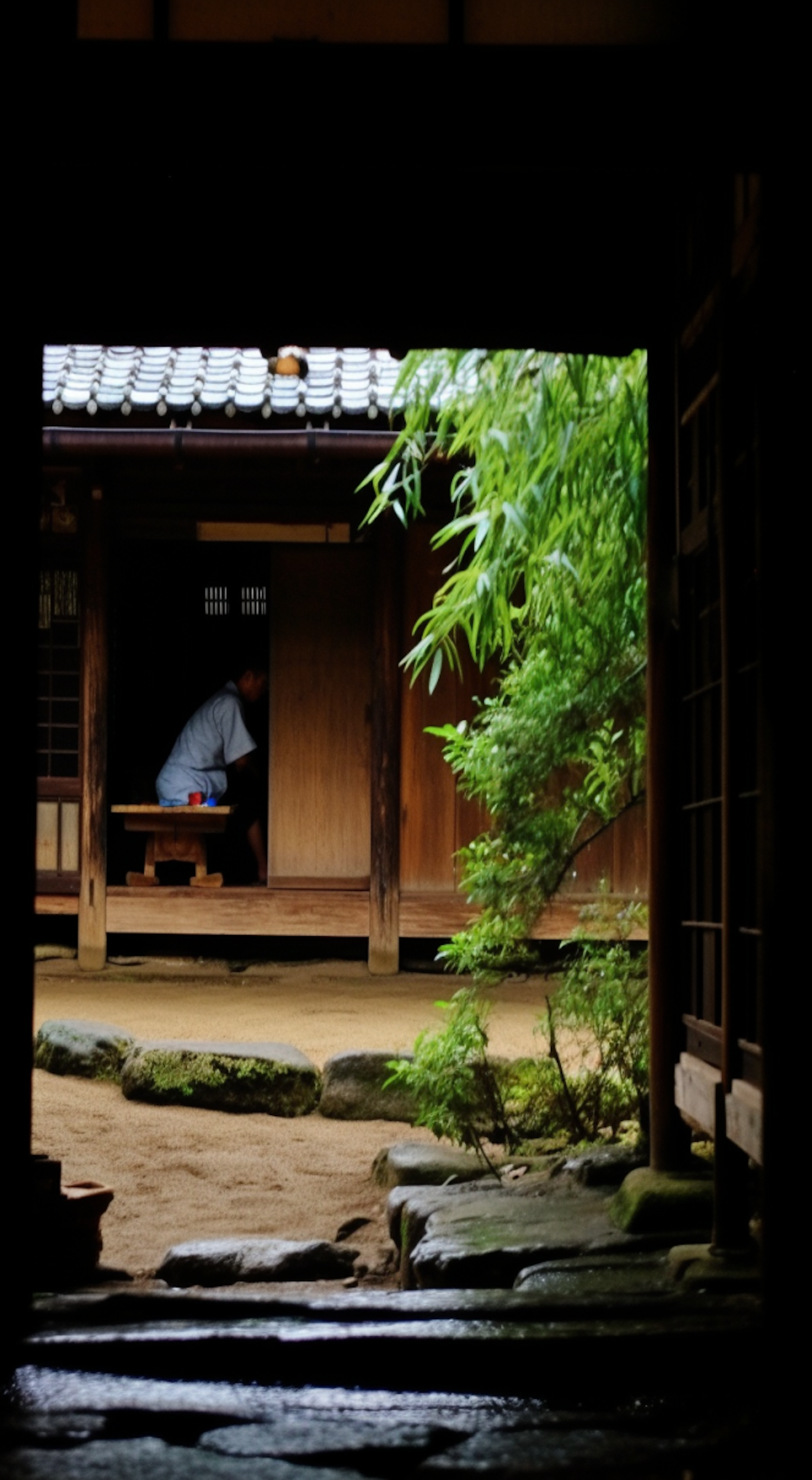 Serene Japanese Garden View through a Traditional Doorway