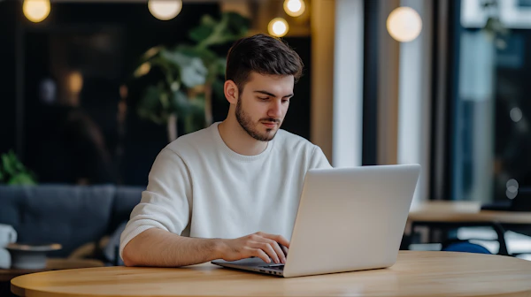 Man Working in Cafe