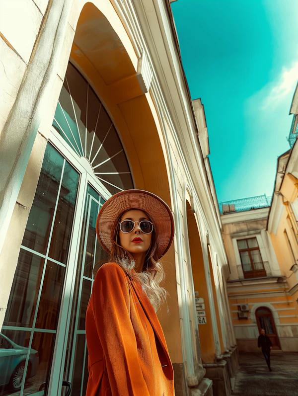 Confident Woman in European Alleyway