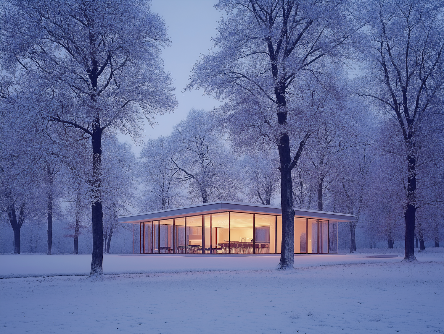 Modern Glass House in Winter Landscape