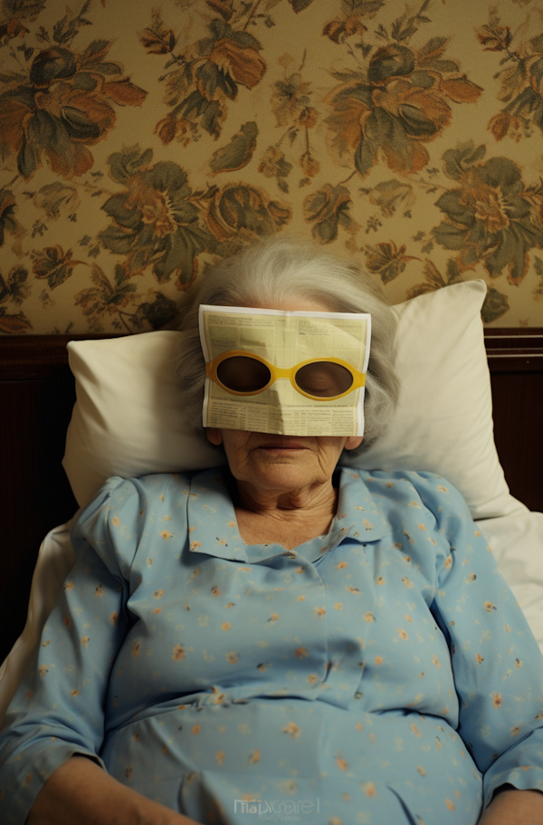 Elderly Lady with Paper Eyeglasses in Bed