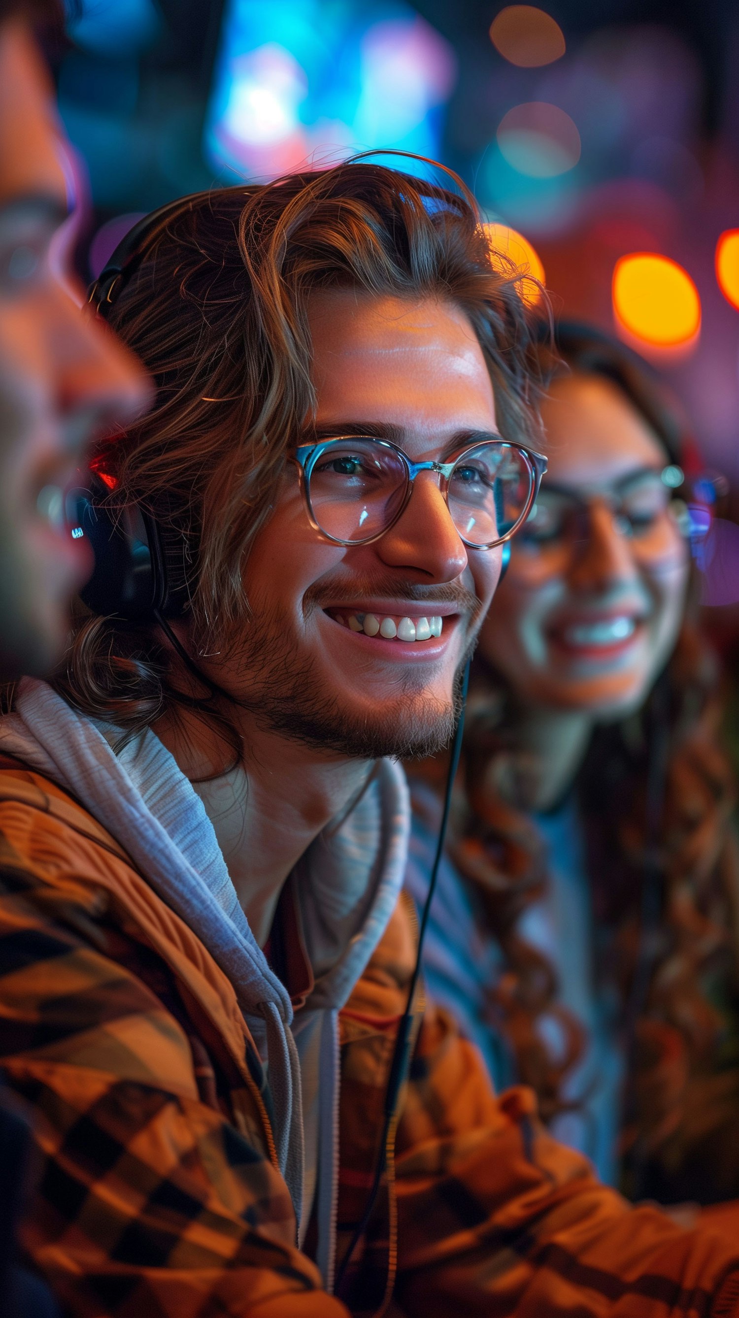 Young Man with Flannel Hoodie and Headphones