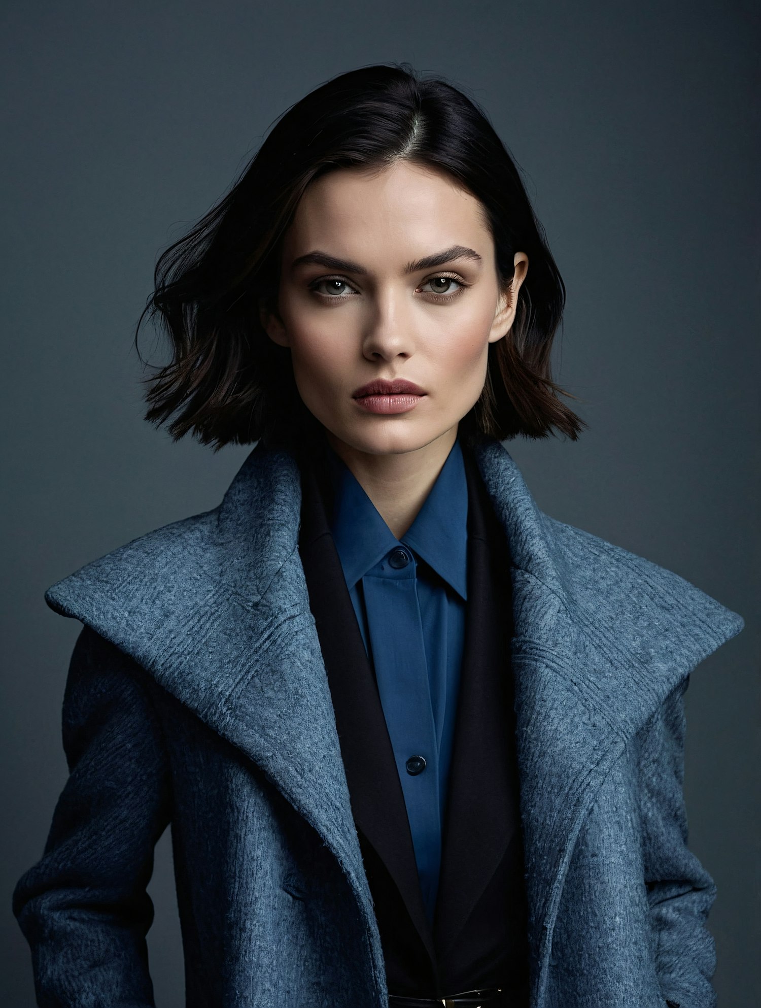 Poised Woman in Blue Coat