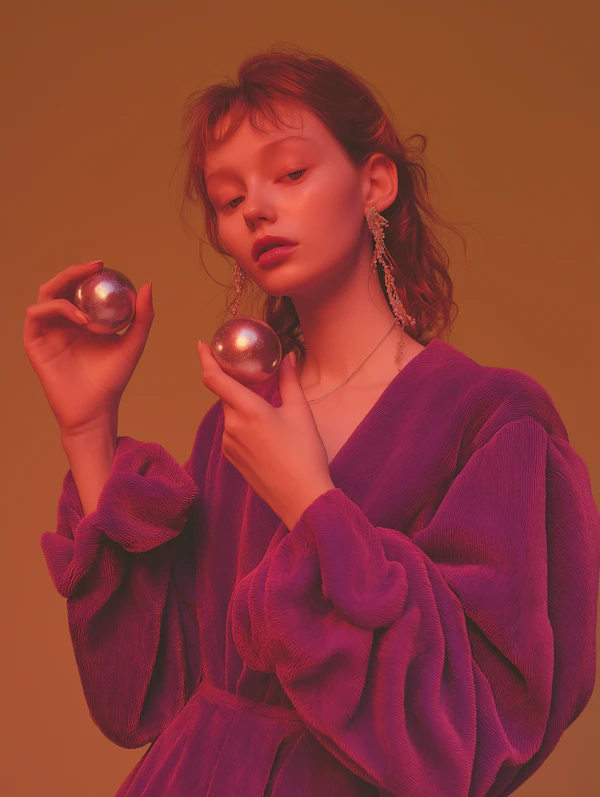 Contemplative Woman with Metallic Spheres