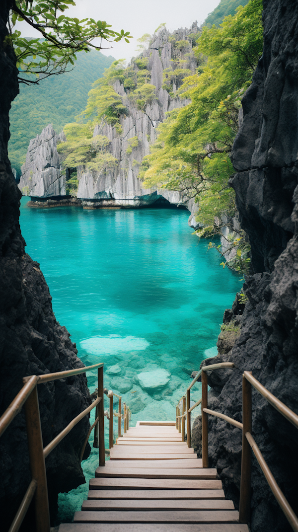 Tranquil Lagoon Oasis with Volcanic Stairway