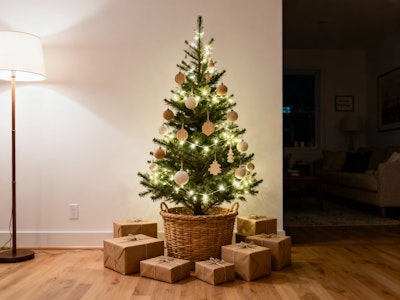 A warmly lit
Christmas tree with wooden ornaments and wrapped gifts in a cozy living room, perfect for the holiday season.