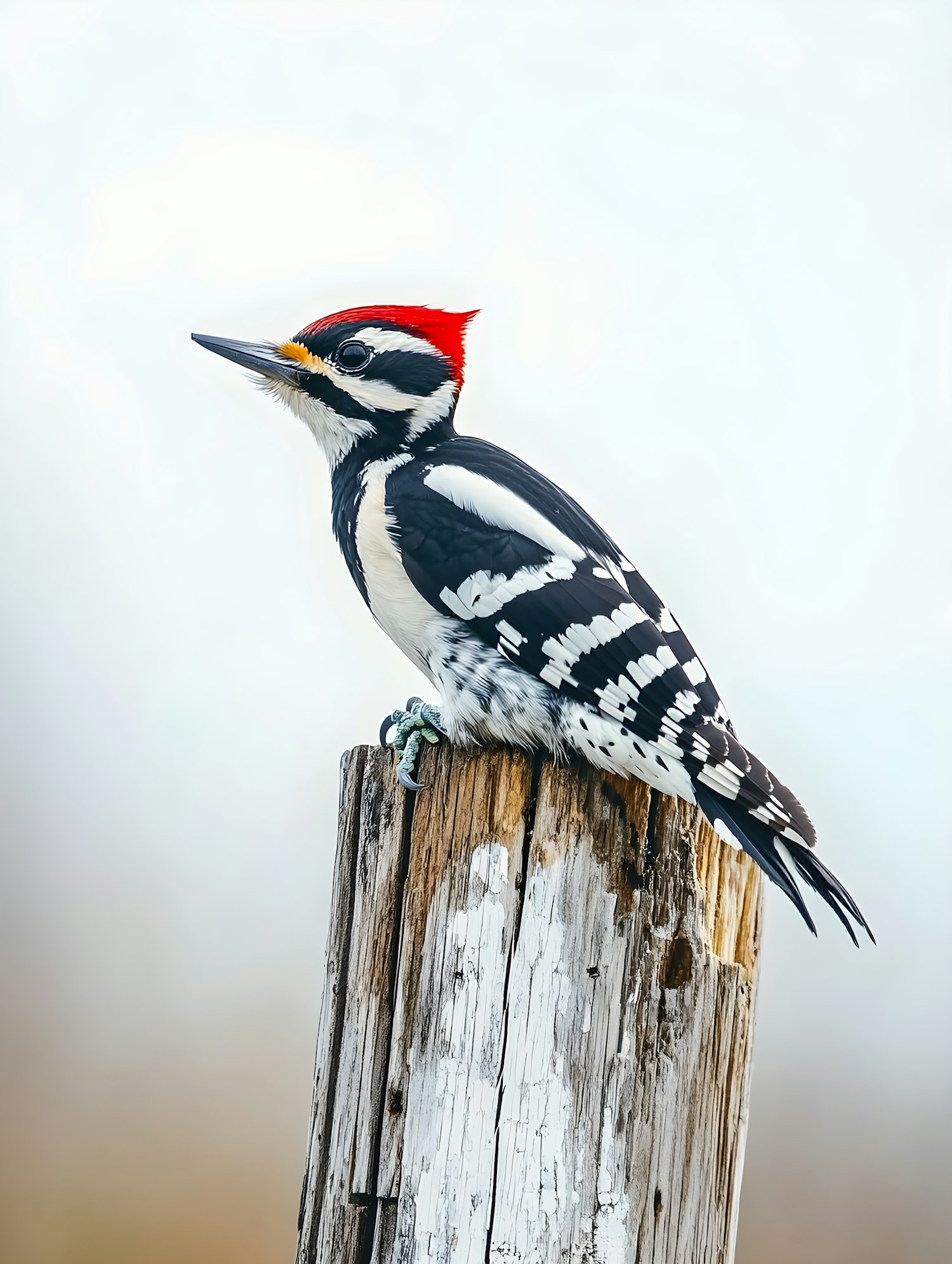 Alert Woodpecker on Wooden Post