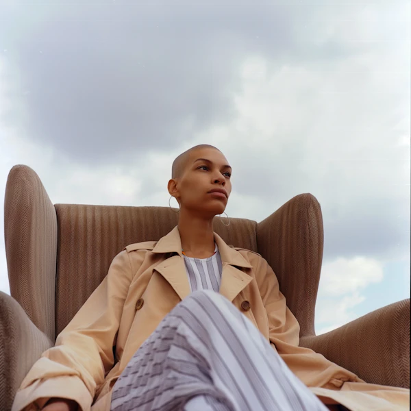 Contemplative Woman on Textured Couch