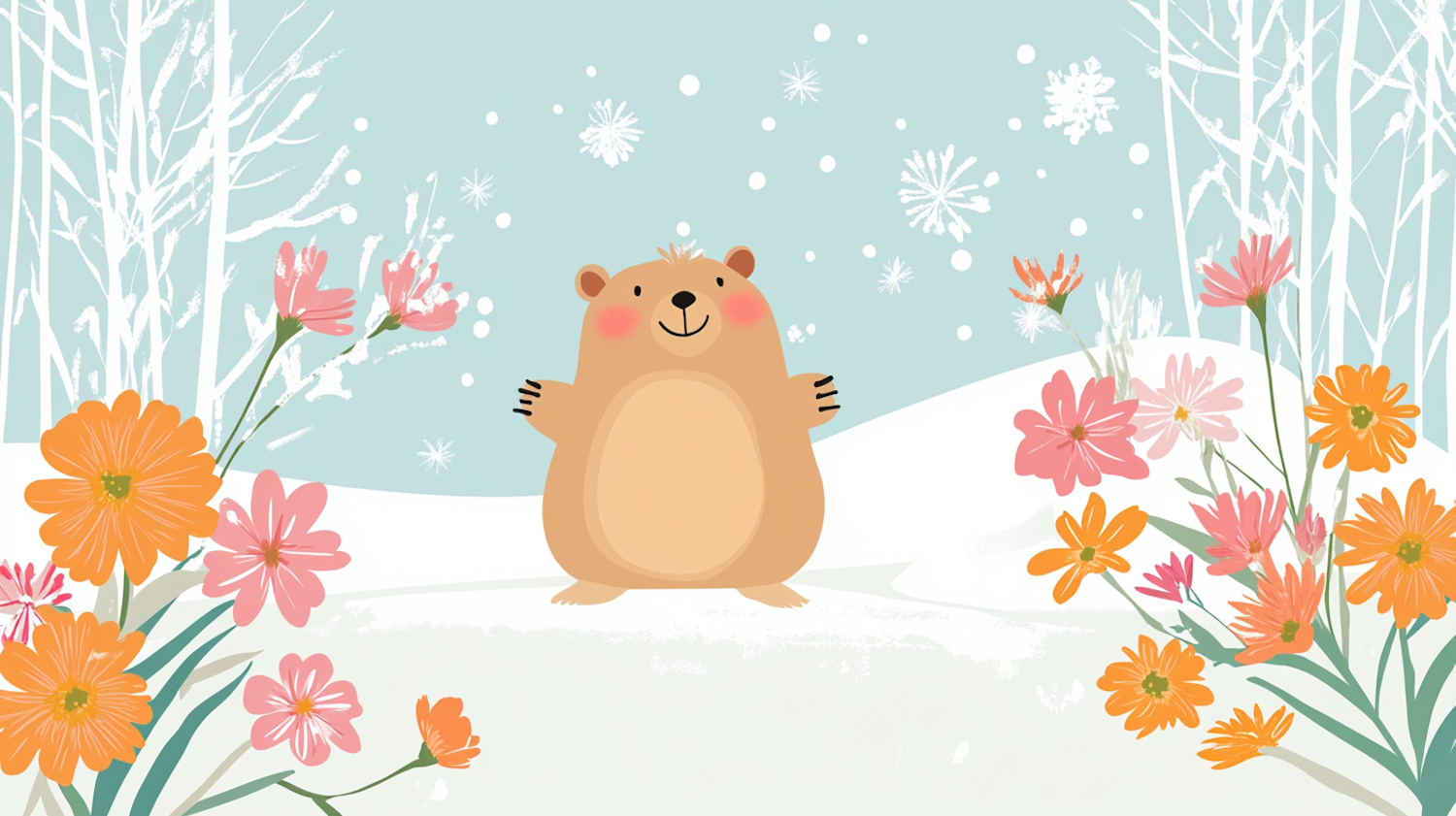 Cheerful Cartoon Bear in Snowy Landscape