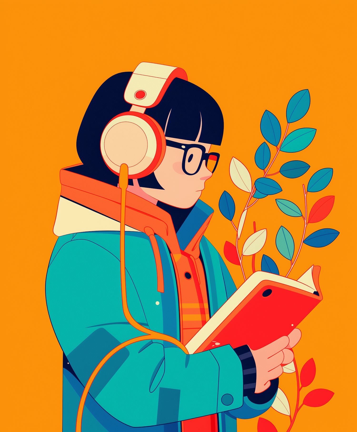 Stylized Person Reading with Headphones