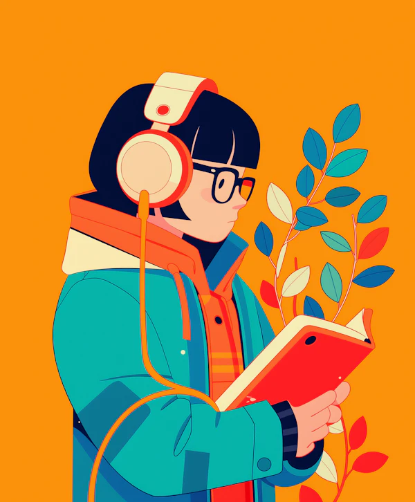 Stylized Person Reading with Headphones