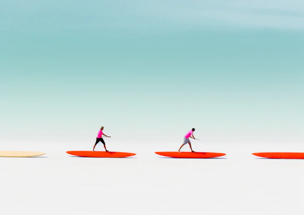 Surreal Paddleboarders on a Two-Tone Horizon